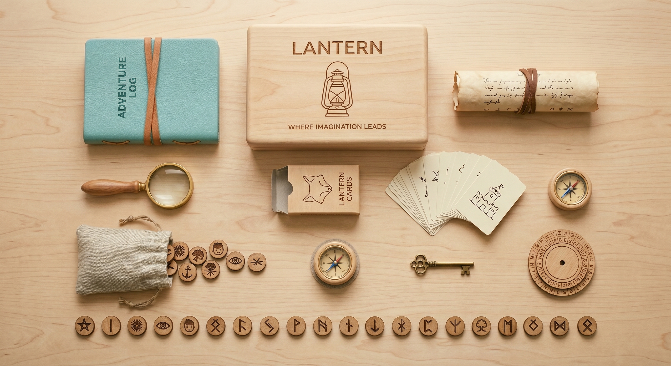 The Lantern & Fox kit, laid out: brass magnifier, adventure log, wooden tokens, cipher wheel, brass compass, lantern cards, brass key, and aged scroll.
